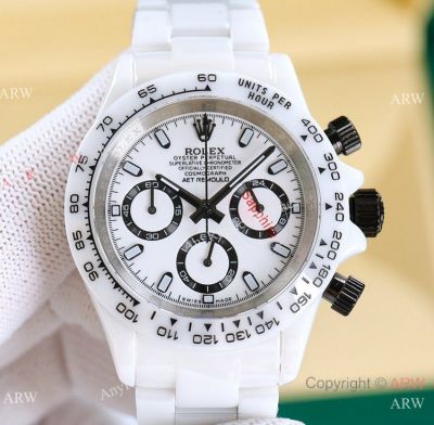 Copy Rolex AET Remould Daytona White Ceramic Quartz Watches Black Crown